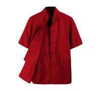 Rubruan Men’s Cotton Kung Fu Short Sleeve Shirt - Traditional Chinese Tang Suit Casual Clothes Red