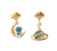 Rubu22a Cartoon Space Astronaut Planet Earrings Asymmetric and Right Earrings Astronaut Star Earrings Split Earrings for Women Large Stud Earrings for Women, gold, standard size, Party