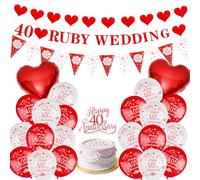 Ruby 40 Wedding Anniversary Decorations 40th Ruby Wedding Banner Bunting Happy 40th Anniversary Balloons CakeToppe Red Heart Balloons for 40 Couple