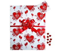 Ruby 40th Anniversary Wrap Pack, 2 Gift Wrapping Paper Sheets 2 Tags 2 Red Pull Bows and Red Hearts Confetti