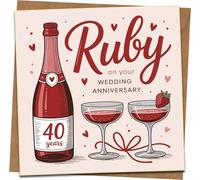 Ruby 40th Wedding Anniversary Card, 145mm x 145mm Square, Champagne & Hearts Design, With Kraft Envelope, For Husband Wife Couple