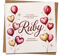Ruby 40th Wedding Anniversary Card - Congratulations Heart Balloons Design, 145mm x 145mm, Quality Greeting Card with Kraft Envelope