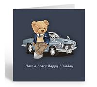 Ruby Ashley® Birthday Card for Adult or Child With Classic Car. Beary Happy Birthday Card for Him or Her with Grey Envelope. Made in the UK - Eco Friendly Birthday Cards for Men Or Women