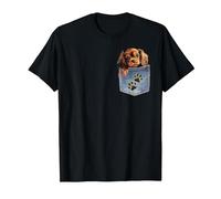 Ruby Cavalier King Charles Spaniel Denim Pocket Peeking Dog T-Shirt, Men, Black, Small