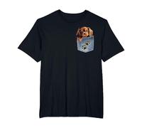 Ruby Cavalier King Charles Spaniel Denim Pocket Peeking Dog T-Shirt, Men's Big and Tall, Black, 6X Tall