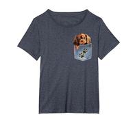 Ruby Cavalier King Charles Spaniel Denim Pocket Peeking Dog T-Shirt, Women's Plus, Heather Blue, 1X