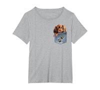 Ruby Cavalier King Charles Spaniel Denim Pocket Peeking Dog T-Shirt, Women's Plus, Heather Grey, 2X