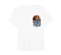 Ruby Cavalier King Charles Spaniel Denim Pocket Peeking Dog T-Shirt, Women's Plus, White, 1X