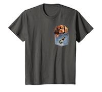 Ruby Cavalier King Charles Spaniel Denim Pocket Peeking Dog T-Shirt, Youth, Asphalt Grey, 2T