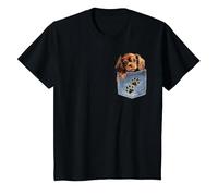 Ruby Cavalier King Charles Spaniel Denim Pocket Peeking Dog T-Shirt, Youth, Black, 4T