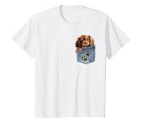 Ruby Cavalier King Charles Spaniel Denim Pocket Peeking Dog T-Shirt, Youth, White, Small