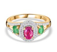 Ruby, Emerald & White Zircon Ring in 18K Yellow Gold Vermeil over Sterling Silver - Double Halo Design - 2.54 Ct - Size O