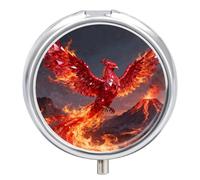 Ruby Phoenix Flame Pill Box 3-Compartment Travel Pill Organizer Portable Round Medicine Case with Mirror Design for Vitamins, Jewelry & Essentials Durable Pocket Pillbox for Purse, Camping