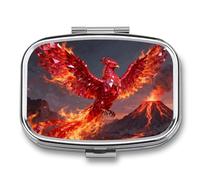 Ruby Phoenix Flame Pill Box Travel Pill Organizer 2-Compartment with Mirror Design Portable Square Medicine Case for Vitamins, Jewelry & Essentials Durable Pocket Pillcase for Purse, Camping