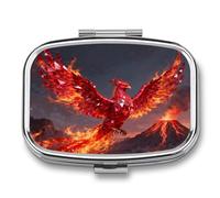 Ruby Phoenix Flame pilldispenser with Mirror 2 Compartments Waterproof PillCase for Purse Pocket Non-Slip Grip Travel Medicine Organizer Container Box for Vitamin Fish Oil Supplement