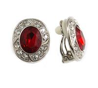 Ruby Red/Clear Crystal Oval Clip On Earrings In Silver Tone - 17mm Tall