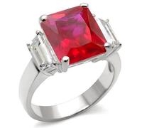 Ruby red ring sterling silver emeald cuts stamped cubic zirconia three stone cocktail 6X061 (J)