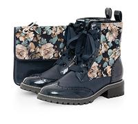 Ruby Shoo Sante Chunky Flexible Lace Up Boot Navy Floral & Matching Toledo Bag UK 7