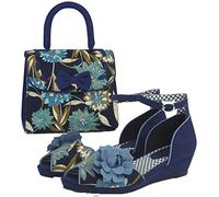 Ruby Shoo Women's Blue Phyllis Low Heeled Summer Wedge & Matching Santiago Bag UK 6