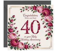 Ruby Wedding Anniversary Card - 40th Wedding Anniversary card floral beautiful with grey envelope
