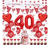 Ruby Wedding Anniversary Decorations Balloons - 48Pcs Happy 40th Ruby Wedding Party Set with Banner Cake Toppers Sash, Red White Balloons Heart Bunting for 40th Anniversary Party Supplies