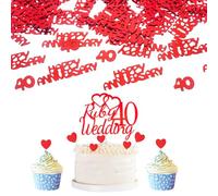 Ruby Wedding Confetti & 25Pcs 40th Anniversary Cake Toppers Ruby Wedding Anniversary Decorations 40th Red Table Confetti Glitter 40th Wedding Cake Decorations