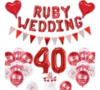 Ruby Wedding Decorations, 40th Wedding Anniversary Decorations Happy 40th Anniversary Balloons Metallic Red White Balloons Banner 40 Ruby Wedding Cake Topper