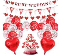 Ruby Wedding Decorations Set, 40th Wedding Anniversary Decorations 40th Wedding Banner Happy 40 Anniversary Balloons with Cake Topper Heart Foil Balloons for 40 Ruby Couple Anniversary Party