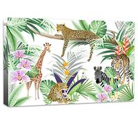 Rubybloom Designs Leopard Giraffe Zebra & Tiger Jungle Animal Tropical Plant Illustration Canvas Wall Art Print Picture - Framed and Ready to Hang