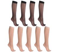 RubyRunk 9 Pairs Knee High Sheer Stockings for Women - 20D Nylon Socks Pantyhose Reinforced Toes (One Size, 5Nude+4Black)