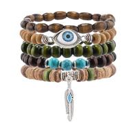 RubyTint 5PCS Boho Wooden Beaded Bracelets for Women and Men, Multi-layer Handmade Elastic Bracelet Set with Blue Evil Eye and Feather Charm, Brown Green Turquoise Stackable Jewelry Gifts (#C)