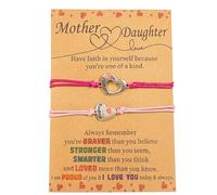 RubyTint Mother Daughter Matching Heart Charm Bracelets Set - Adjustable Knotted Cord Sentimental Jewellery Gift For Mom And Girl, Pink & Silver Tone Engraved Love Bond With Inspirational Kraft Card