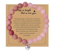 RubyTint Pink Bead Stretch Bracelet, Silver-Coloured Heart Charm, 1 Piece | Pale blush to deep rose tonal variation, simple bohemian design, for casual outfits, occasions, birthdays or Mother's Day