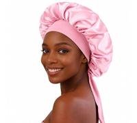 RubyTint Pink Silk Hair Bonnet For Sleeping With Adjustable Tie - Soft Silky Wrap With Wide Band For Women, Curly, Long, Thick, Braided Natural Hair, Wigs And Locs For Home Travel Care