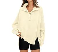 RUBZOOF Womens Oversized Sweatshirt Casual Long Sleeve Button Henley V Neck Pullover Loose Fit Tops Trendy Fall Clothes, Off-white, Medium