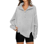 RUBZOOF Womens Oversized Sweatshirt Casual Long Sleeve Button Henley V Neck Pullover Loose Fit Tops Trendy Fall Clothes, Light Gray, Large
