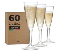 RucBicchieri Pack 60 Glasses "USE & RE-USE LIGHTWEIGHT FLUTE GLASS" 10 Cl. BPA-Free, Transparent in Recyclable Plastic, Just insert them into the stem through the practical joint