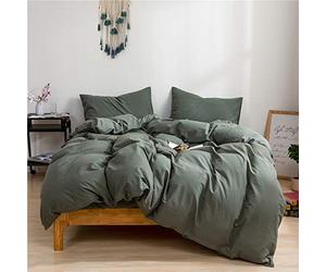 Ruccit Sage Green Duvet Cover Set Double Bed 100% Washed Cotton Double Duvet Cover Kids Teens 3pcs Simple Plain Farmhouse Bedding Set Zipper Closure-Soft,Easy Care,Breathable