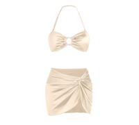 Ruched 3 Piece Swimsuits for Women Ribbed Velvet Bikini Sets with Sarong Coverup Metal Ring Bathing Suit, Champagne Gold, S