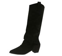 Ruched Boots Wide Fit, Womens Knee High Fold Over Suede Boots Pointed Toe Low Heel Slip on Ruched Long Boot Block Heels Mid Calf Elegant Booties for Ladies Going Out Party Shoes Footwear Black