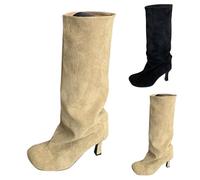 Ruched Knee-High Boots For Women, Womens Kitten Heel Boots, Faux Suede Booties, Comfortable Slip-On Footwear For Casual Outings, Evening Events And Relaxed Weekends, Sleek Slouchy Design