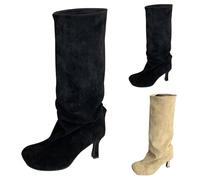 Ruched Knee-High Boots For Women, Womens Kitten Heel Boots, Faux Suede Booties, Comfortable Slip-On Footwear For Casual Outings, Evening Events And Relaxed Weekends, Sleek Slouchy Design