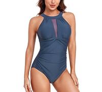 Ruched One Piece Swimsuit Tummy Control Swimming Costume for Women Vintage Mesh Bikini Bathing Suit Swimwear(XL-ZL) Navy