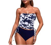 Ruched Swimsuits for Women UK 2 Piece Tankini Set Clearance Strapless Swimming Costume Retro Floral Print Modest Swimwear Tummy Control Bathing Suits Side Drawstring Bikini Tops + Bottoms Swim Wear