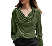 Ruched Tops for Women Velvet Tops for Women Elegant Cowl Neck Ruched Front Draped Top Fitted Long Sleeve Wrap Pullover Formal Office Work Wear Dressy Going Out Evening Party Shirt Light Green XXL