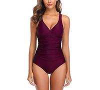 Ruched Tummy Control One Piece Swimsuit Swimwear Retro Vintage Bikini Bathing Suit Swimming Costume for Women, Dark Purple-oz, XL