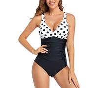 Ruched Tummy Control One Piece Swimsuit Swimwear Retro Vintage Bikini Bathing Suit Swimming Costume for Women(BD,L)