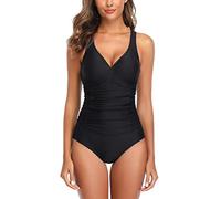 Ruched Tummy Control One Piece Swimsuit Swimwear Retro Vintage Bikini Bathing Suit Swimming Costume for Women, Black-oz, S(UK 8)