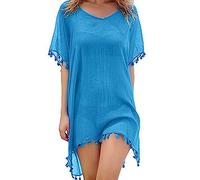 Ruched Tummy Control Swimwear Old Style Bathing Suit Teachers Thank You Gifts Workout Running Hiking Women's Solid Round Neck Chiffon Tassel Large Loose Beach Cover Up Ladies Clothes Sale Clearance