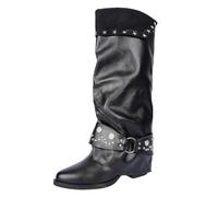 Ruched Western Mid Calf Cowboy Boots for Women Pointed Toe Block Heel Studded Buckle Soft Suede Pull On Star Rivet Retro Country Outdoor Fashion Footwear Black